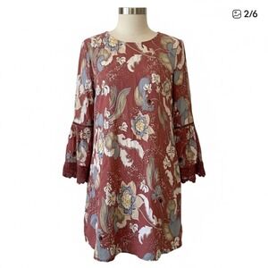 Jaase Womens Terracotta Floral Bell Sleeve Boho Shift Dress Lace Trim Size Small